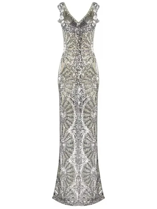 Silver Sequin-Embellished Evening Gown