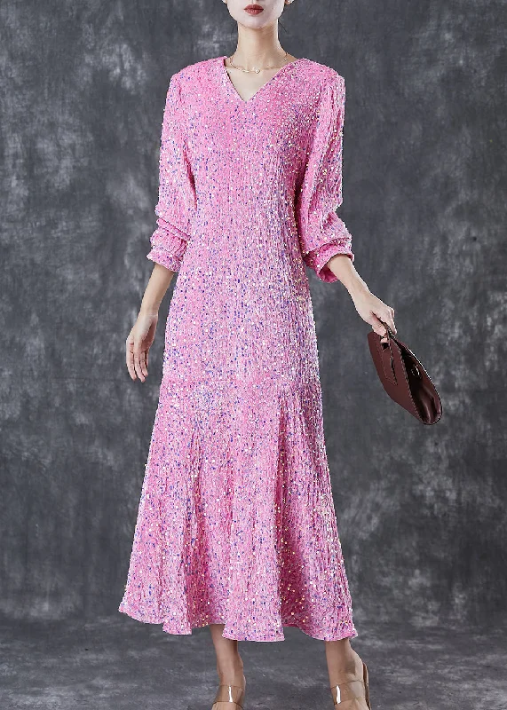 Women Pink Sequins Wrinkled Silk Velour Dress Vestidos Spring