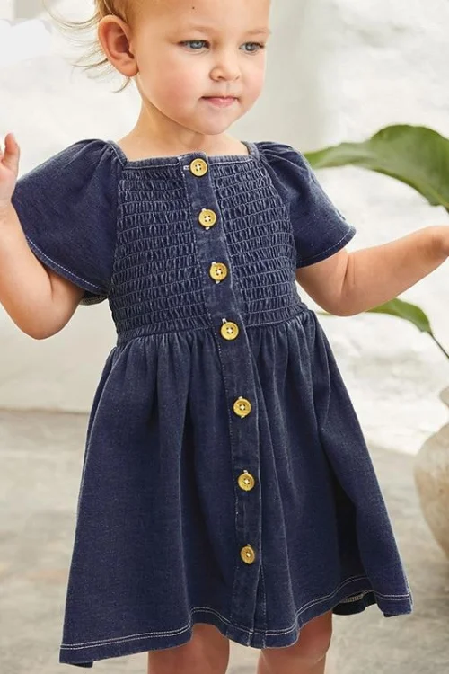 Children Summer New Baby Girl Clothes Navy Blue Toddler Shirtdress Button Dresses for Kids 2-7 Years