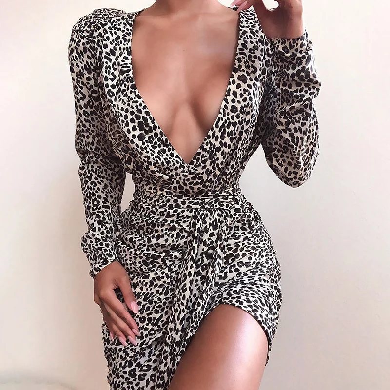 Leopard Long Sleeve Bodycon V Neck Wrap Dress