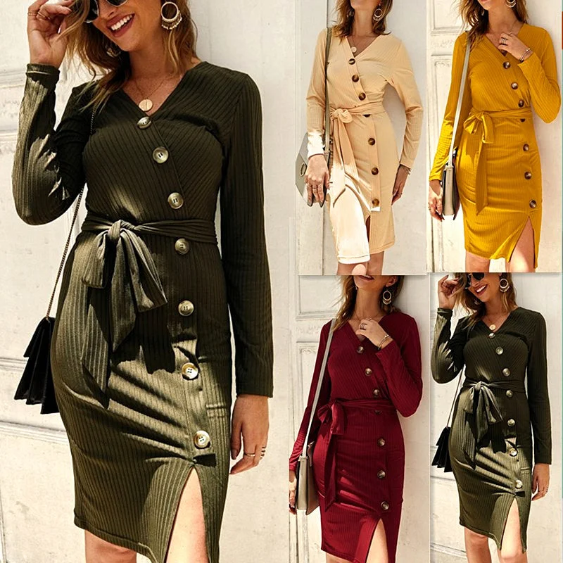 Long Sleeve Bodycon Belt Button Sweater Dress