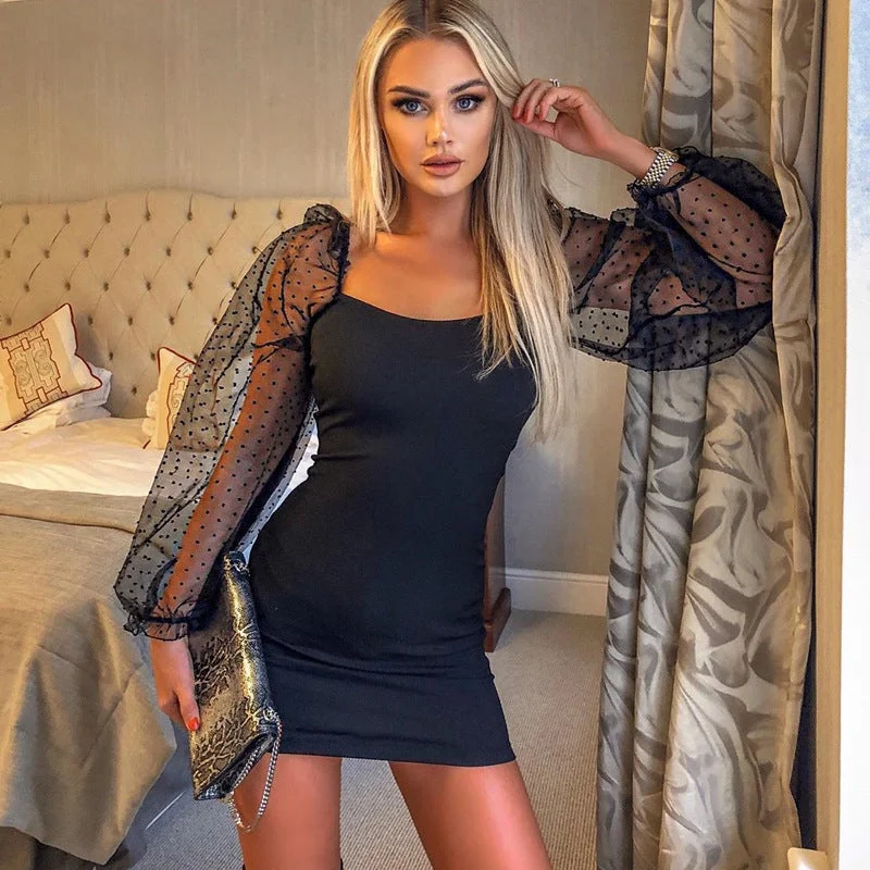 Mesh Patchwork Sheer Bodycon Long Sleeve Dress