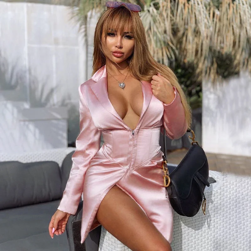 Pink Bodycon Long Sleeve Zipper Shirt Dress