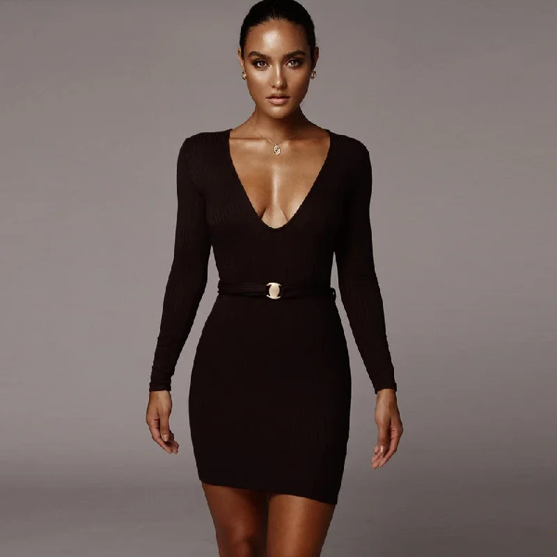 V Neck Belt Plain Bodycon Long Sleeve Dress