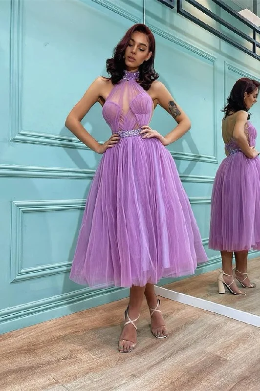 Amazing Lavender High Neck Short Tulle Prom Dress,EQ9661