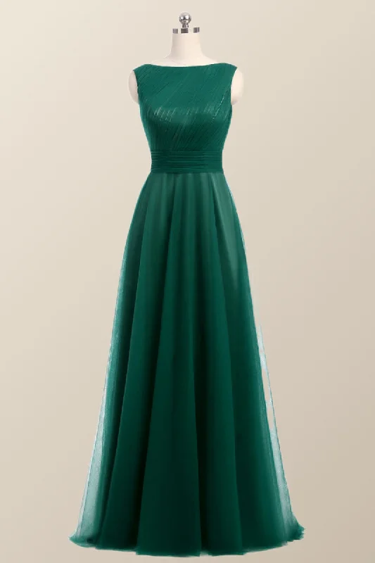 Bateau Green Tulle Long Bridesmaid Dress