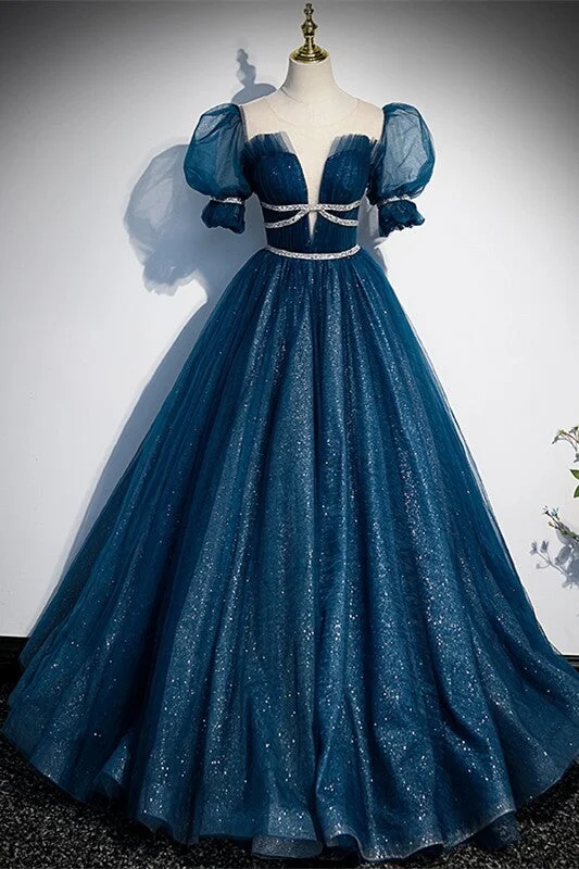 Blue A-line Tulle Long Formal Dress with Short Puffy Sleeves,DS3470