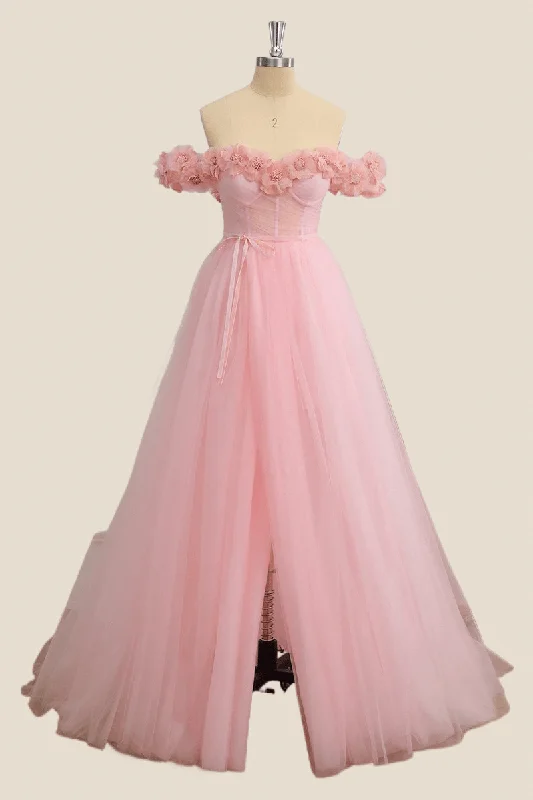 Flowers Off the Shoulder Pink Tulle A-line Formal Dress