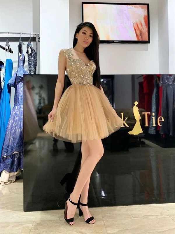 Gold Sweetheart Neck Tulle Short Graduation Homecoming Dress,DS3828