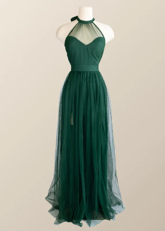 Halter Hunter Green Tulle Long Formal Dress