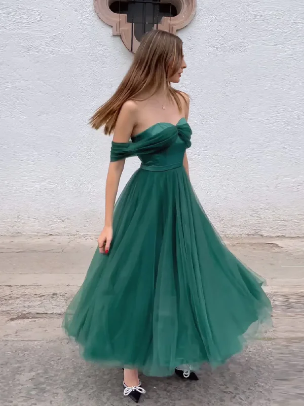 Green Off The Shoulder Tulle A-Line Prom Dress Homecoming  Dress,DP1246