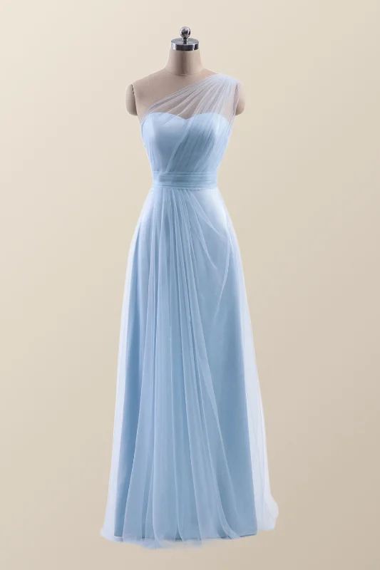 One Shoulder Light Blue Tulle A-line Bridesmaid Dress