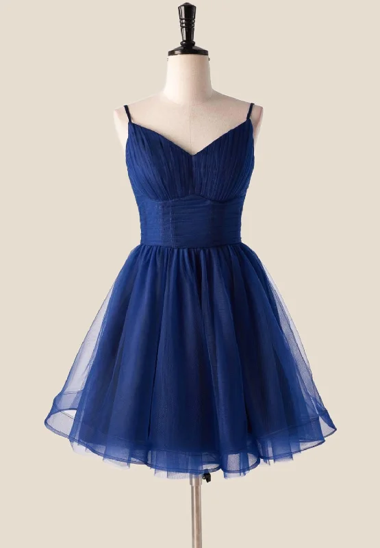 Pleated Navy Blue Tulle A-line Short Dress