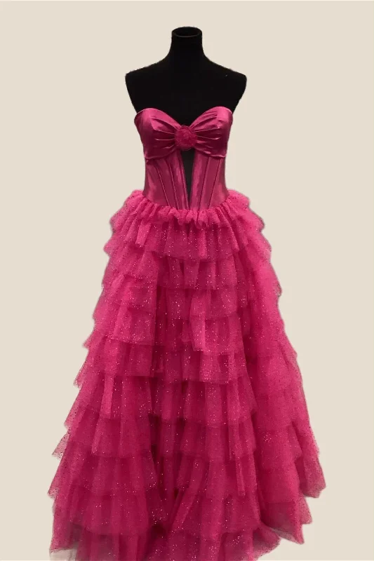 Strapless Fuchsia Tiered Tulle Long Dress with Slit