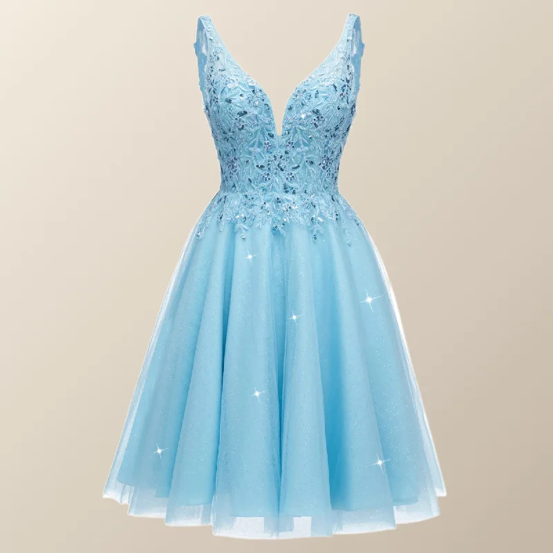 V Neck Blue Appliques Tulle A-line Short Dress